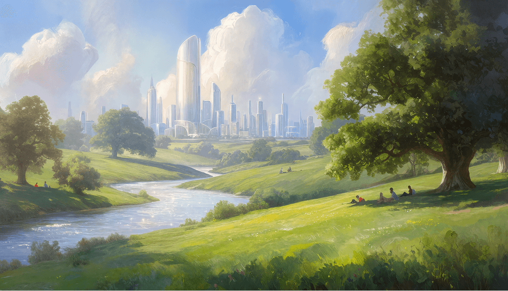 Illustration of a landscape with a city on the horizon